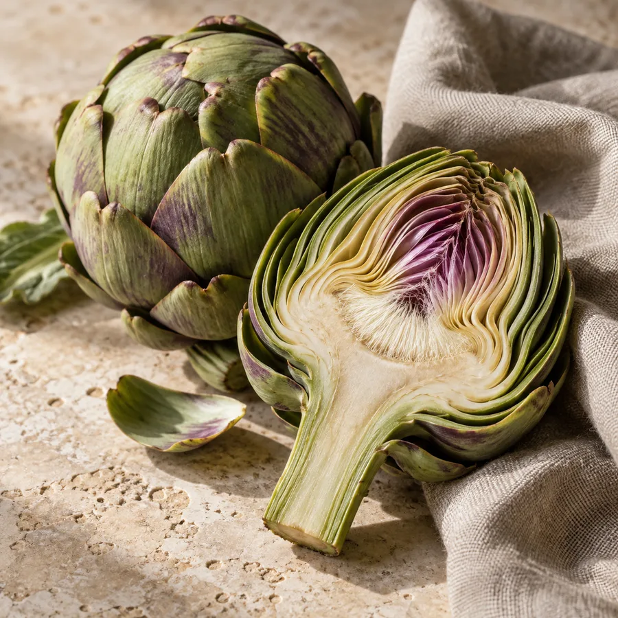 Whole and halved globe artichokes on limestone and linen