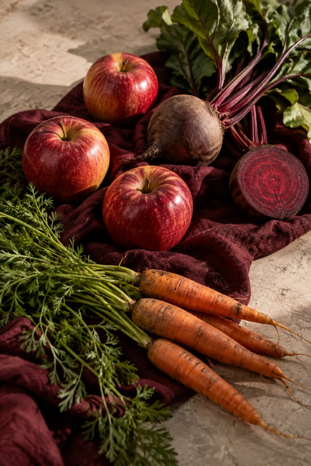 Apples, beetroot and carrots arranged on burgundy linen